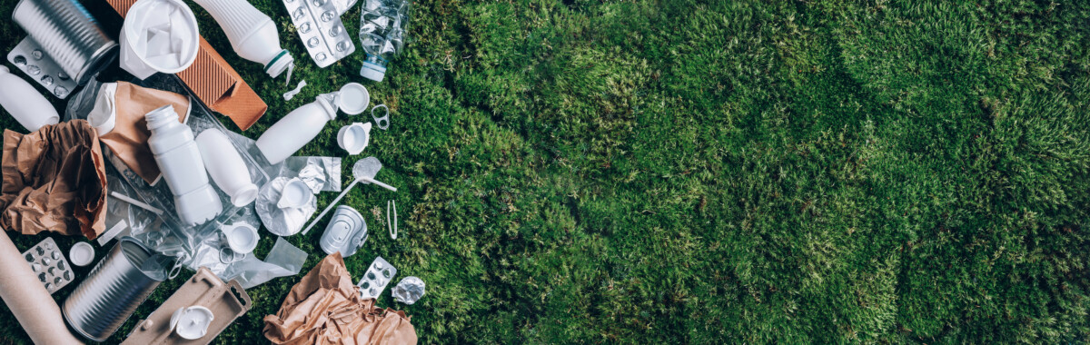 Reuse Garbage, Recycle, Plastic Free. Food Plastic Packaging, Trash On Green Moss Background After Picnic In Forest. Top View. Copy Space. Recycling Plastic. Environmental Pollution, Ecology Concept.