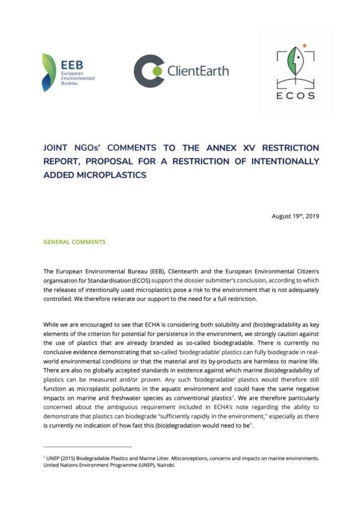 NGO comments to REACH on microplastics restriction